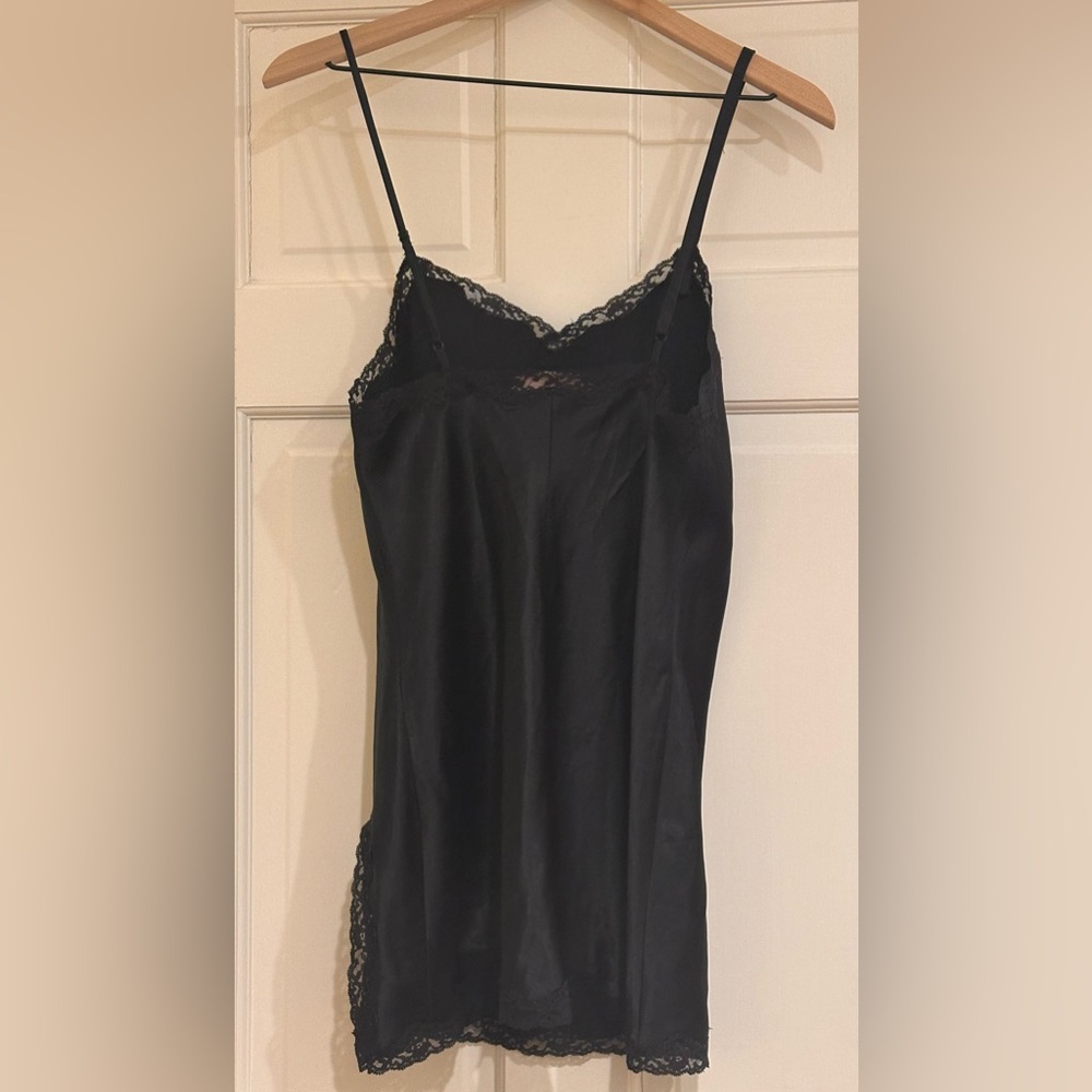LADIES VICTORIA'S SECRET VINTAGE BLACK SATIN LACE-TRIM TEASE MINI SLIP DRESS - S - Picture 8 of 15
